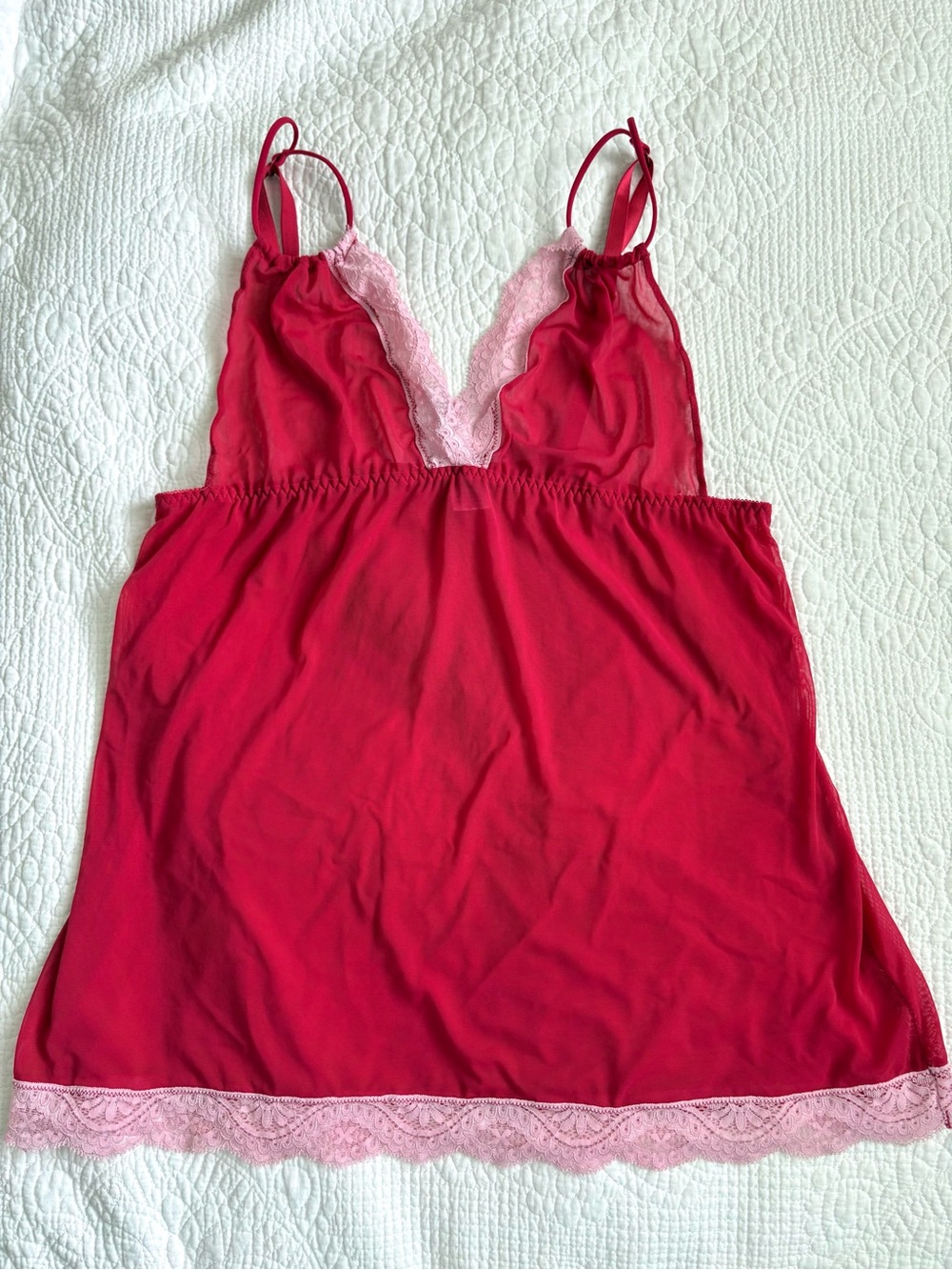 Vintage Lingerie Red Sheer Slip Top with Pink Lace Trim